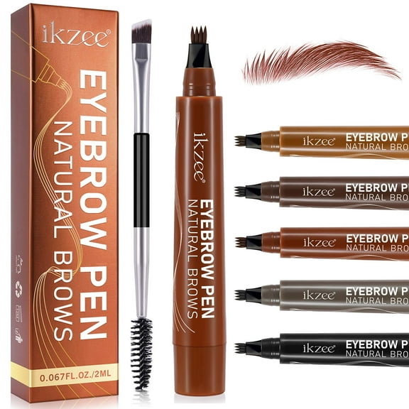 ikzee Eyebrow Pen (Brown), 4 Fork Tip for 3D Natural Eyebrow, Hair Line, Beard Line,Waterproof - Last All Day - Liquid Eyebrow Pencil