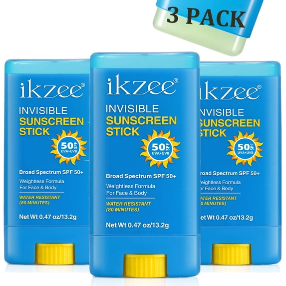 ikzee Invisible Sunscreen Stick for Face and Body SPF 50+, Water Resistant Light Weight Formula, Broad Spectrum UVA/UVB Protection - 3Pack