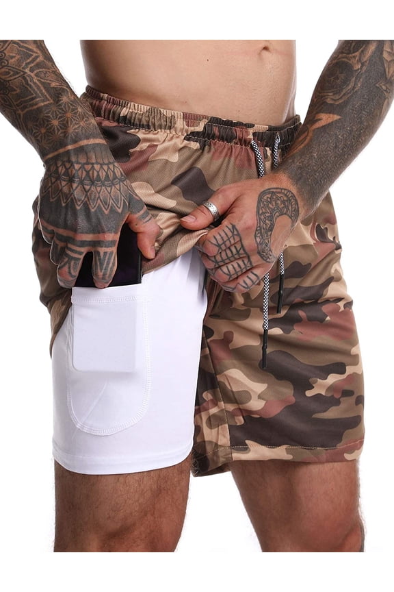 Men's 2 in 1 Running Shorts Quick Dry Athletic Shorts with Liner, Workout Shorts with Zip Pockets and Towel Loop