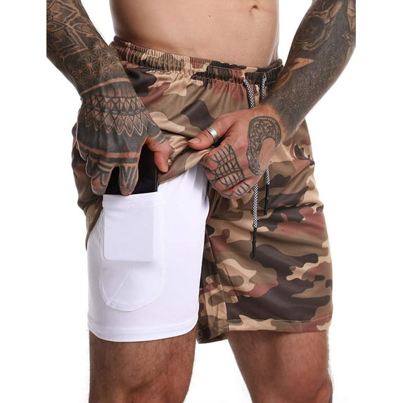 ilfioreemio Men's 2 in 1 Running Shorts Quick Dry Athletic Shorts with Liner, Workout Shorts with Zip Pockets and Towel Loop