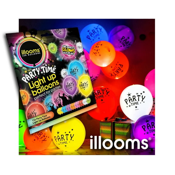 Illooms Light Up Balloons - Printed Party Time 15 Pack - Assorted Colours - Add Fun and Excitement to Your Party with illooms Balloons