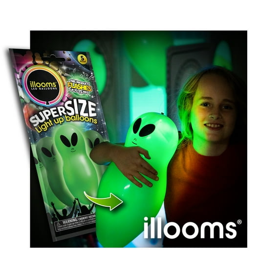 illooms Super Size Aliens Light-Up Balloons, 5 Count – Glow Party Decorations for Kids & Events