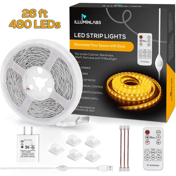 Under Cabinet Lights, LED Strip Lights with Remote Control, Dimmable for Closet, Shelf, TV Back, Under Counter Lights For Kitchen, 26.3ft,White