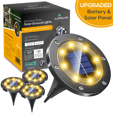 illuminlabs Solar Ground Lights for Outdoor Garden, 4-Pack Waterproof LED Disk Lights for Pathway, Yard, Driveway, Walkway and Patio, Landscape Lights with Gunmetal Stainless-Steel Casing
