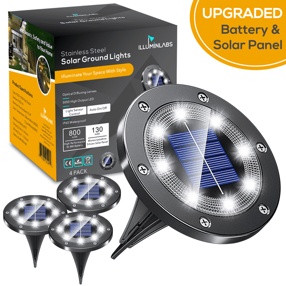 Solar Ground Lights for Outdoor Garden, 4-Pack Waterproof LED Disk Lights for Pathway, Yard, Driveway, Walkway and Patio, Landscape Lights with Gunmetal Stainless-Steel Casing
