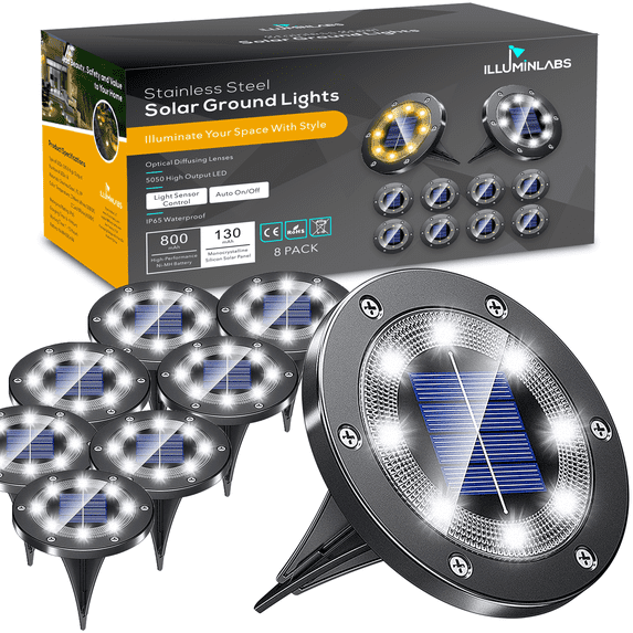 Solar Ground Lights for Outdoor Garden, 8-Pack Waterproof LED Disk Lights for Pathway, Yard, Driveway, Walkway and Patio, Landscape Lights with Gunmetal Stainless-Steel Casing