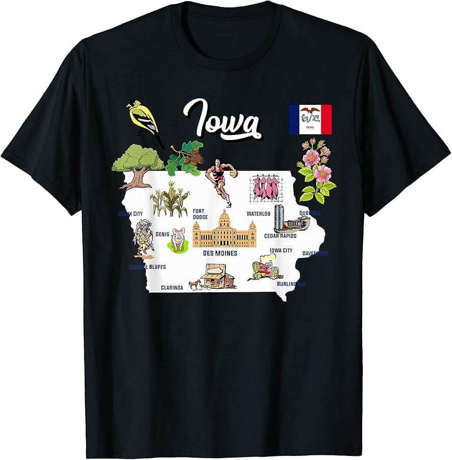 illustrated Map of Iowa in US with the Cities and symbols TShirt