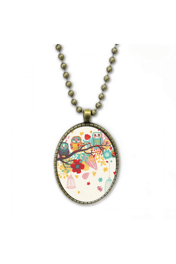 illustration animals branches flowers owls necklace vintage chain bead pendant jewelry collection