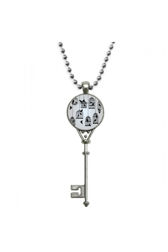illustration birds cage outline pendant vintage necklsilver key jewelry