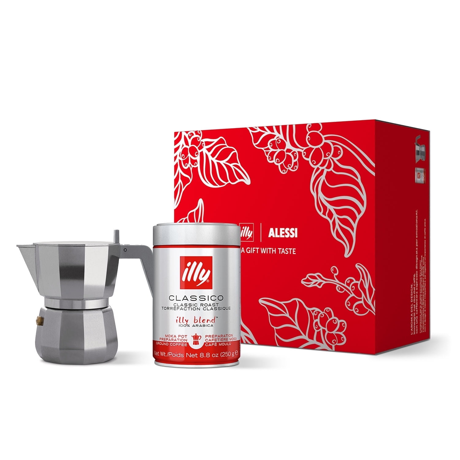 illy Alessi Cafe 3-Cup Moka Pot & Ground Coffee Gift Set