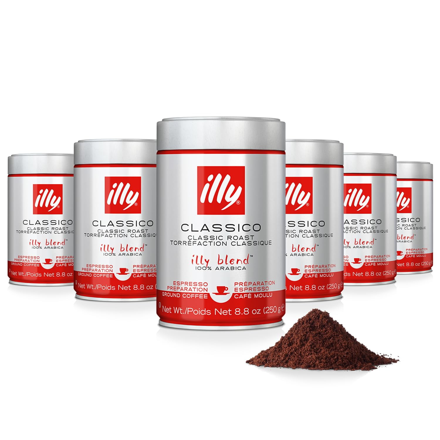 illy Classico Ground Espresso Coffee, Medium Roast, Classic Roast with Notes Of Caramel, Orange Blossom and Jasmine, 100% Arabica Coffee, All-Natural, No Preservatives, 8.8 Ounce Can (Pack of 6)