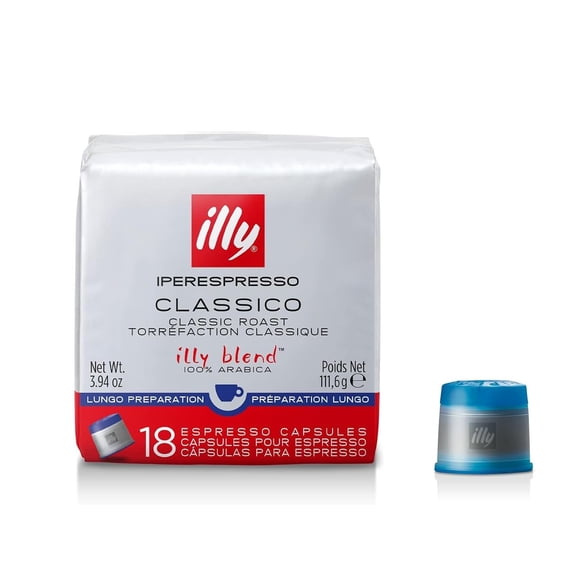 illy iperEspresso Coffee Capsules, Classico Lungo Medium Roast, 100% Arabica, 18-Count