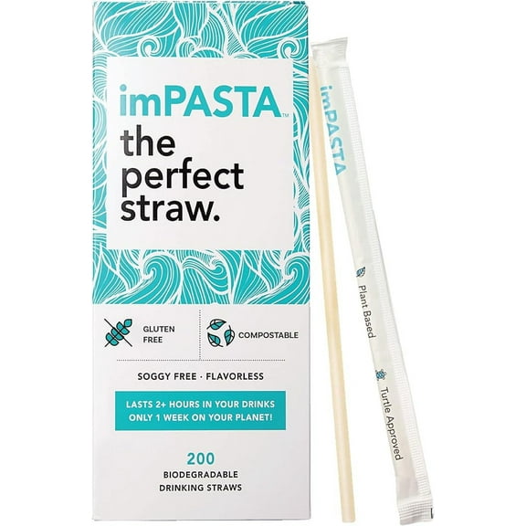 imPASTA Straws Biodegradable Drinking Straws - Vegan-Friendly, Gluten-Free & Compostable, Never Cracks, 100% Flaverless, Eco-Friendly Drinking Straws Alternative to Plastic Straws | 200 Count