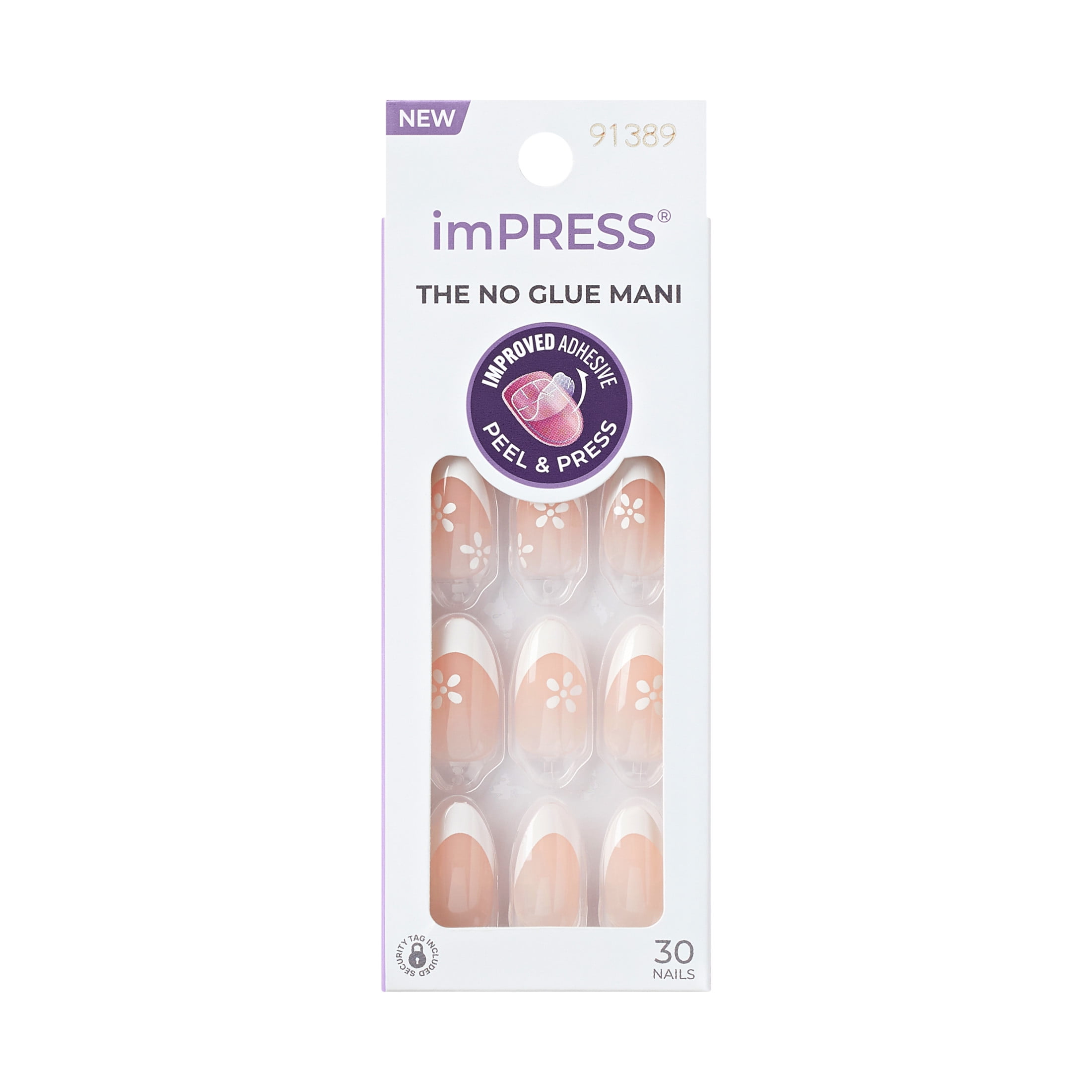 KISS imPRESS No Glue Needed Press On Nails, French Modern French, Fearless, White, Medium Almond, 30 Count