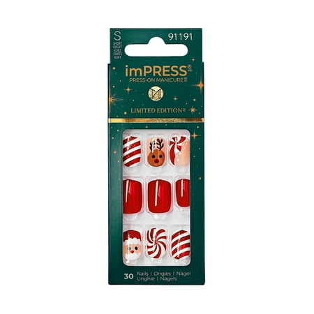 imPRESS Holiday Press-On Nails, Adorabell, Red, Short Length, Square Shape, 30 Ct.