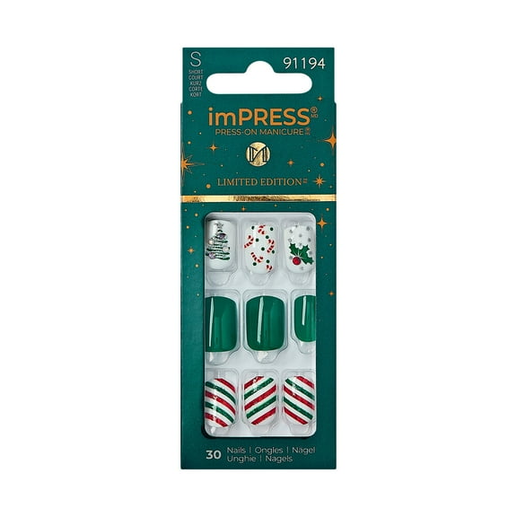 imPRESS Holiday Press-On Nails, Santamental, Green, Short Length, Square Shape, 30 Ct.