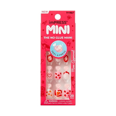 Impress Mini Press On Nails for Kids, No Glue Needed, 'Playground', Red, Square, 20 Count