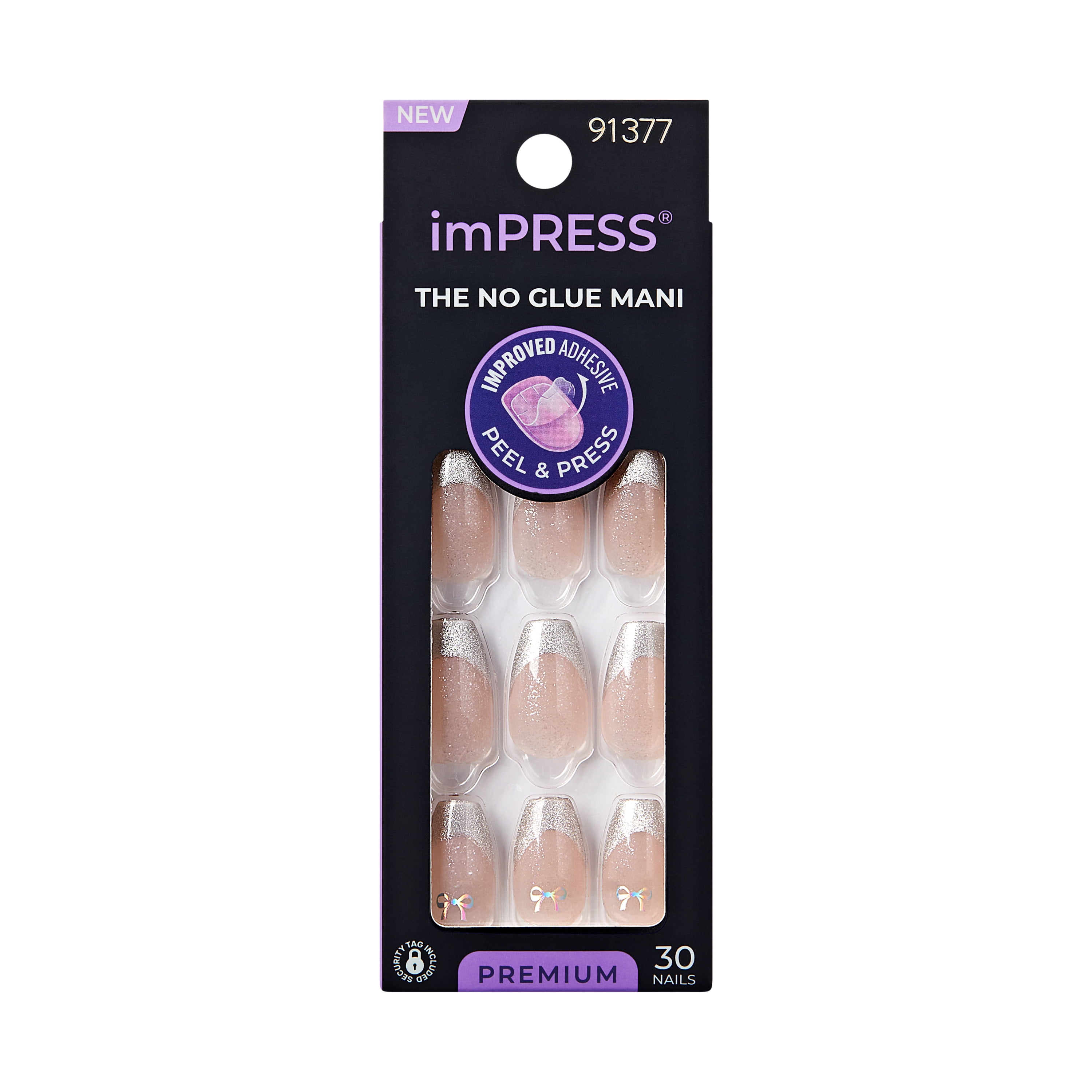 imPRESS Premium Press-On Nails, No Glue Needed, Silver French Tip, Medium Coffin, 33 Ct.
