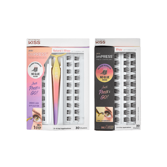 KISS imPRESS Falsies Wispy & Natural Wisp Kit, False Eyelash Clusters, No Glue Needed, 30 Clusters & Applicator, Black