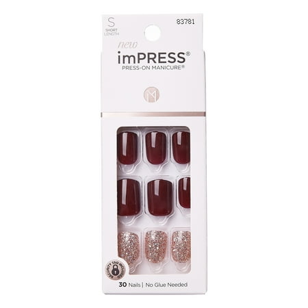 Impress Design Press On Nails , No Glue, Red, Short Length, Squoval Shape, 33 Pieces