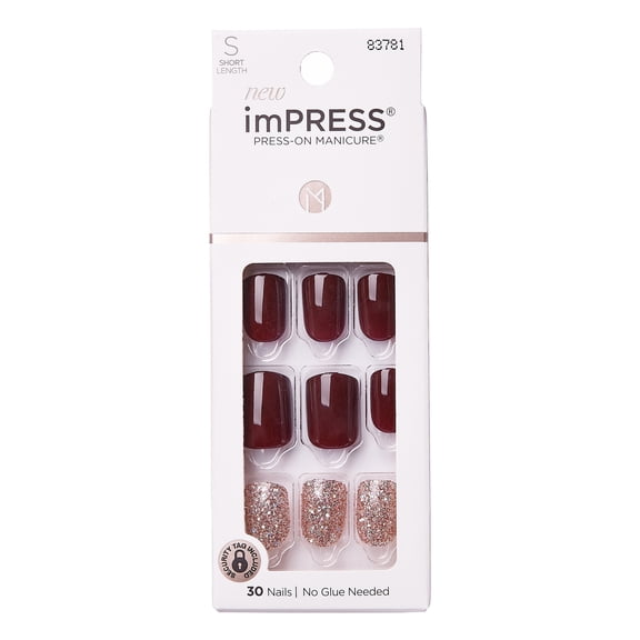 Impress Design Press On Nails , No Glue, Red, Short Length, Squoval Shape, 33 Pieces