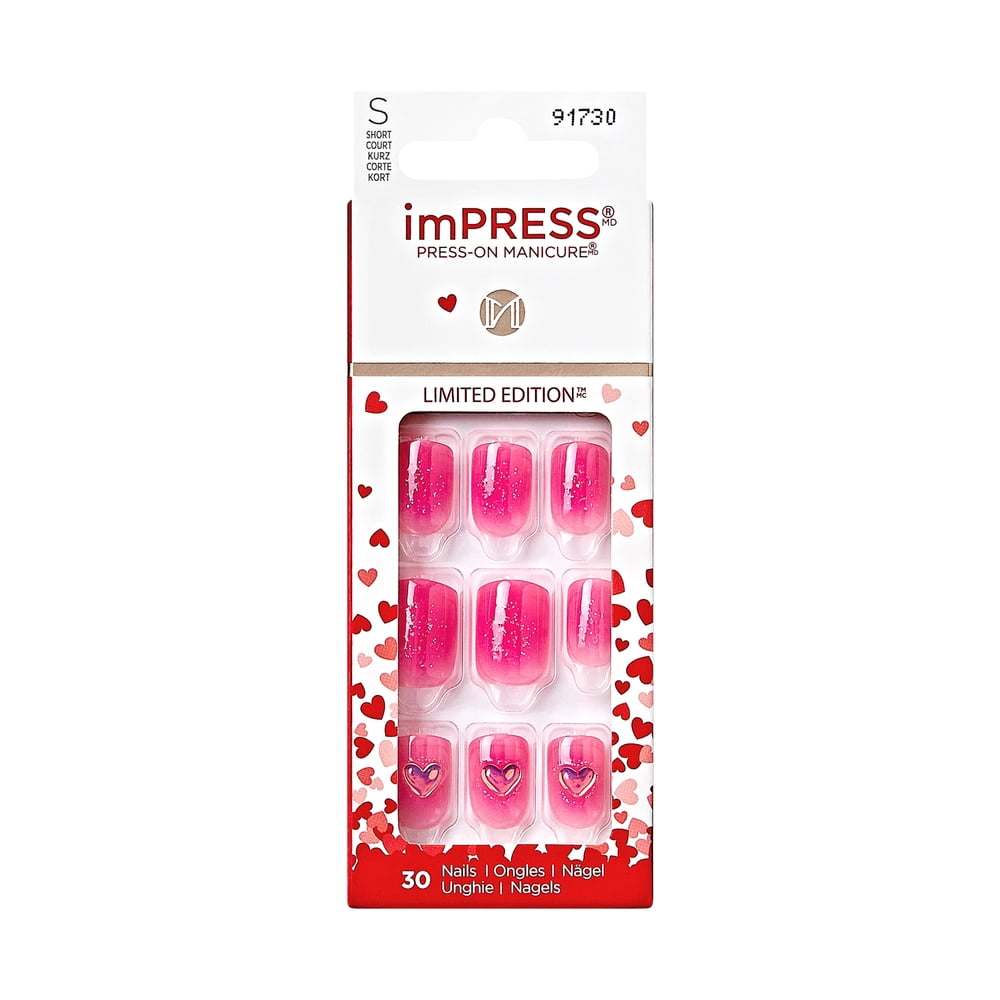 imPRESS Valentine Press-On Nails, No Glue Needed, Pink, Short Square, 33 Ct.