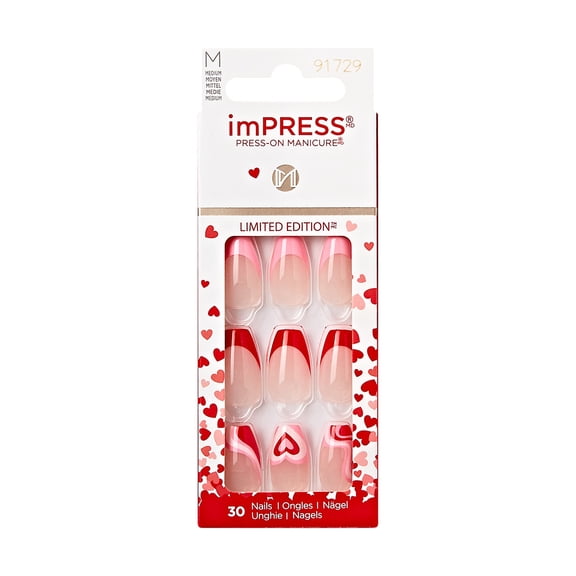 imPRESS Valentine Press-On Nails, No Glue Needed, Red, Medium Coffin, 33 Ct.