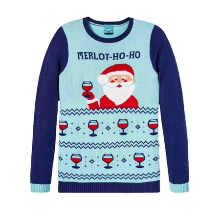 Womens Blue Santa Claus Wine Merlot Ho Ho Christmas Holiday Sweater XS