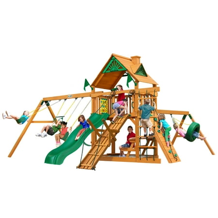 Gorilla Playsets Frontier Wooden Swing Set with Tire Swing, 2 Belt Swing, and Built-in Picnic Table