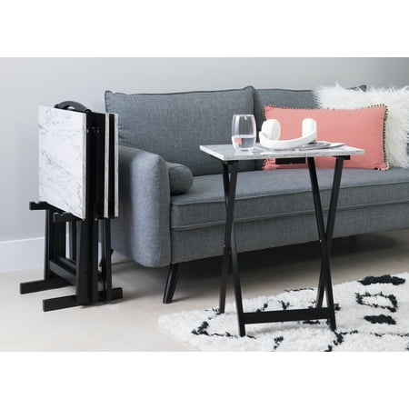 Linon 4pc 26.4" Talia TV Tray Table Set Faux Marble with Storage Rack White