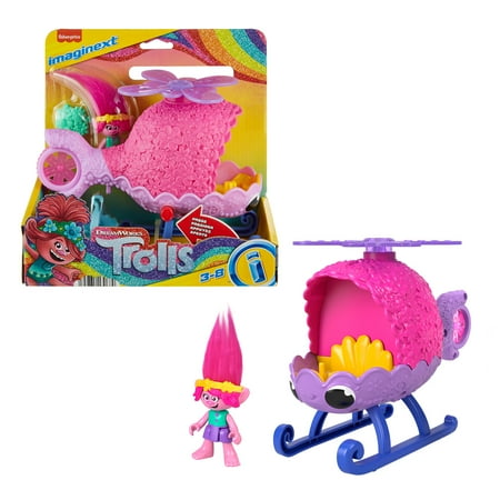 Imaginext Dreamworks Trolls Poppy Figure And Toy Helicopter For Preschool Pretend Play, 4 Pieces