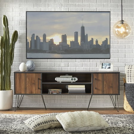 Buylateral Vintage Living 2 Door TV Stand for TVs up to 55" Black/Walnut: Mid-Century Modern, Cable Management