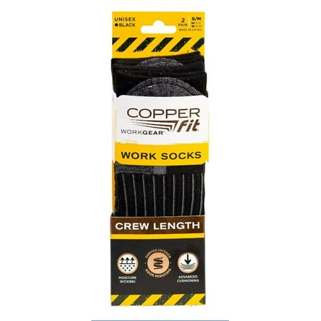 Copper Fit Work Gear Work Socks, Crew Length with Advanced Cushioning, Black, 2-Pack, Small/Medium