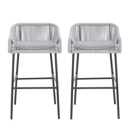 Christopher Knight Home 29" Outdoor Rope Bar Stools, Set of 2, Woven Seat with Black Metal Frame, Light Gray, Set of 2