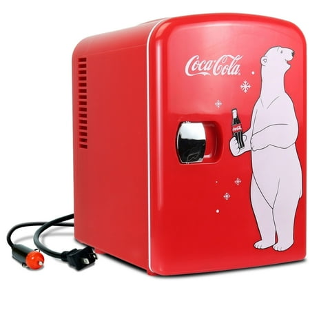 Coca-Cola Polar Bear 4L Mini Cooler Warmer 12V DC and 110V AC Cords, 6 Can Portable Mini Fridge, Personal Travel Refrigerator for Desk Home Office Dorm, Red