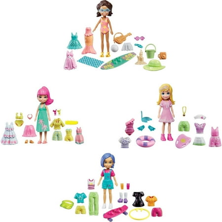 Polly Pocket Splashin' Style Fashion Pack, Travel Toy with Four (3-inch) Dolls and 50+ Accessories