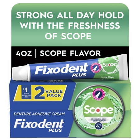 Fixodent Plus Scope Denture Adhesive Cream, Precision Hold, Scope Flavored, 2 oz, 2 Pack