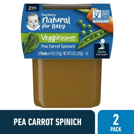 Gerber 2nd Foods Natural for Baby Veggie Power Baby Food, Pea Carrot Spinach, 4 oz Tubs (2 Pack)