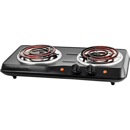 OVENTE Electric Countertop Double Burner, 1700W Cooktop with 6" and 5.75" Stainless Steel Coil Hot Plates, 5 Level Temperature Control, Indicator Lights and Easy to Clean Cooking Stove, Black BGC102B