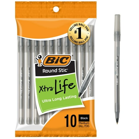 Bic Round Stic Ballpoint Pen, Medium Point, 1.00 mm, Black Ink, 10 Count