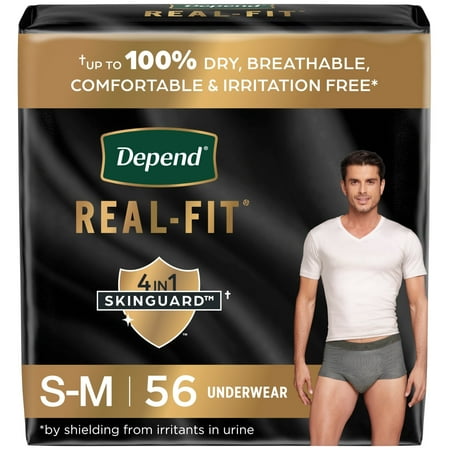 Depend Real Fit Incontinence Underwear for Men, Adult Diapers, S/M, Grey, 56 Count