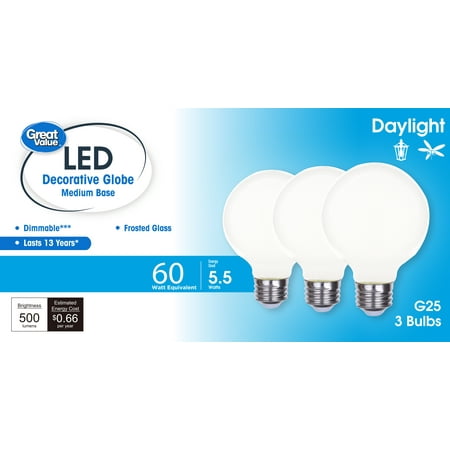 Great Value LED Bulb, 5.5-Watt (60W Equivalent) G25 Deco Bulbs E26 Base, Daylight, 3-Pack, CA