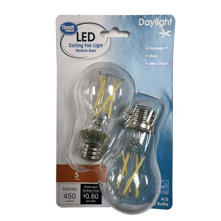Great Value LED Ceiling Fan Bulb, 5-Watt (40W Eqv.) A15 Shape E26 Base Daylight, 2 Pack CA