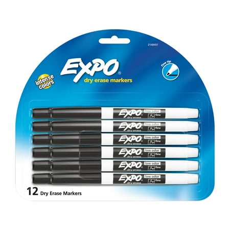 EXPO Low-Odor Dry Erase Markers, Fine Point, Black Color, 12-Count