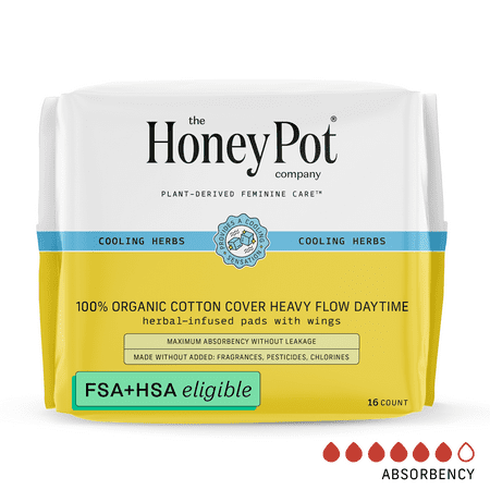 Honey Pot 100% Organic Cotton Cover Cooling Herbal Infusion Heavy Flow Daytime Pads, 16 Count