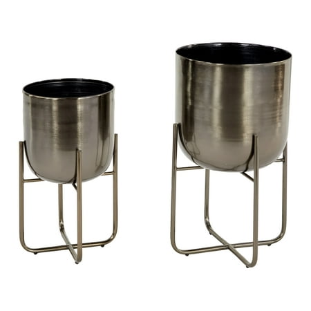 DecMode 16" and 13"H Indoor Outdoor Black Metal Planter with Removable Stand (2 Count)