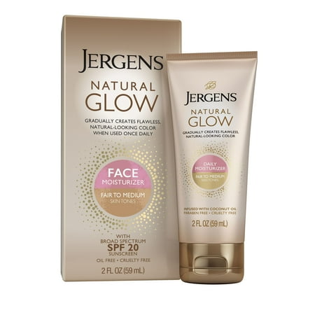 Jergens Natural Glow Face Moisturizer Fair to Medium, SPF 20 Self Tanner, Sunscreen, 2 oz