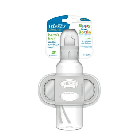 Dr. Brown's Milestones Narrow Sippy Spout Bottle, 100% Silicone Handles, 8oz/250ml, 6m+, BPA Free, Gray