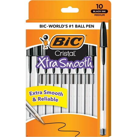 BIC Cristal Ballpoint Stick Pens Medium Pen Point Black Clear Barrel - Pack of 10