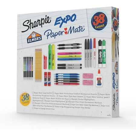 School Supplies Variety Pack, Sharpie, Expo, Paper Mate, Elmer s, Permanent Markers, Mechanical Pencils, Woodcase Pencils, Ballpoint Pens, Gel Pens, School Glue, Glue Sticks, and More, 38 Count
